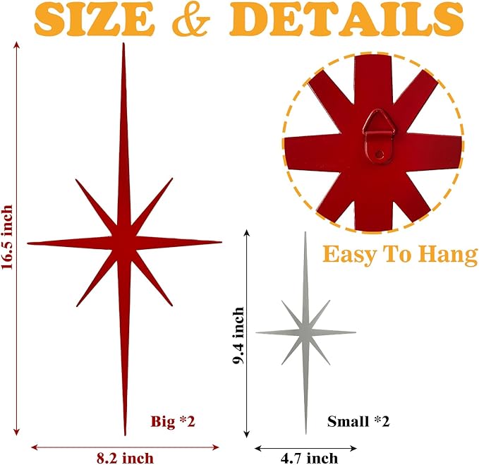 sxnzequnze 4 Pcs. Star Wall Art for Home Decor Living Room Bedroom Office Metal 3D,Bling,with Hanging Hook Starburst Midcentury Sculpture Retro Gallery Accent Celestial -Gold 16.5In/9.4In