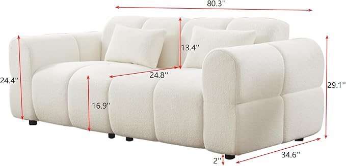 80" Modern Sofa Couch, Comfy Deep Seat Teddy Cloud Sofa, Upholstered 3-Seater Boucle Couch, Oversized Loveseat for Living Room, Bedroom, Office, Apartment(White)