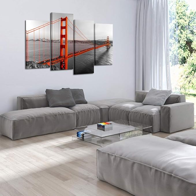 KREATIVE ARTS Extra Large 4 Pieces Black White and Red Canvas Prints Wall Art San Francisco Golden Gate Bridge Pictures Cityscape Painting Printed on Canvas Art Work for Walls Decoration L64xH43