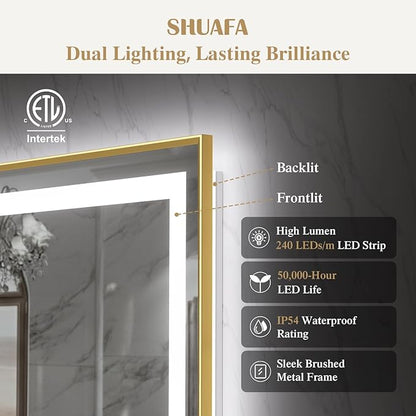 48X40 Inch LED Bathroom Mirror with Lights, Gold Frame Frontlit+ Backlit Bathroom Vanity Mirror for Wall, Ultra-Clear Tempered Glass, Shatter-Proof, Anti-Fog and Memory Function, ETL Listed