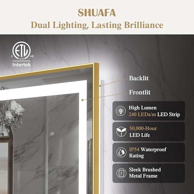 36X36 Inch LED Bathroom Mirror with Lights, Gold Frame Frontlit+ Backlit Bathroom Vanity Mirror for Wall, Ultra-Clear Tempered Glass, Shatter-Proof, Anti-Fog and Memory Function, ETL Listed