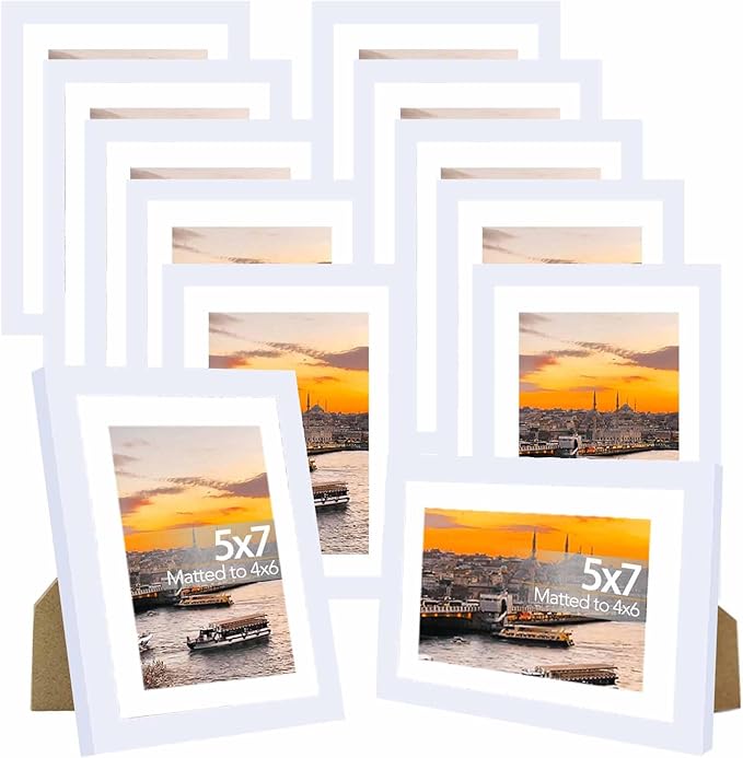 JCJMY 12 Packs 5x7 Picture Frames Bulk, Display 4x6 with Mat or 5x7 Without Mat, White Gallery Frame Set, 5 by 7 Frames Bulk Set of 12, Collage Wall Decor Photo Frame Set for Wall and Tabletop, White