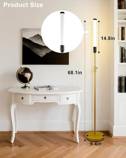 Lightdot 68IN LED Floor Lamp for Living Room, Stepless Dimmable(10-100% Brightness) Modern Standing Tall Lamps with Milky White Cylindrical LampHead,Mid Century Industrial Floor Lamps for Bedroom-Gold