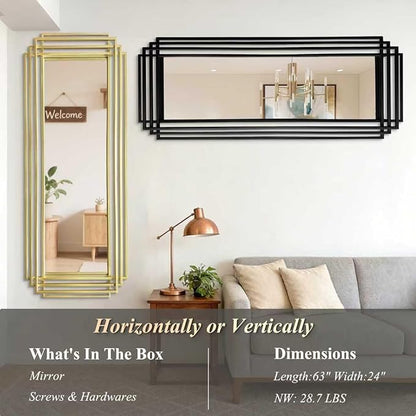 Geometric Wall Mirror, 63"x24" Large Rectangle Mirror with Gold Metal Frame, Modern Elegant Art Deco Mirror for Living Room Bedroom Entryway Hallway, Hangs Vertically or Horizontally