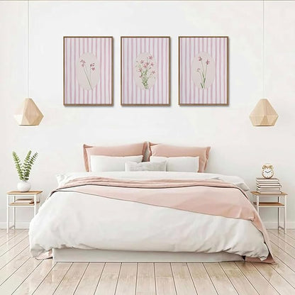 KISSFOX 3 Piece Floral Framed Wall Art Pink Wildflower Canvas Wall Art Flower Pictures Wall Decor Boho Botanical Paintings Poster Wall Decor For Girly Room Bedroom Apartment Dorm Living Room