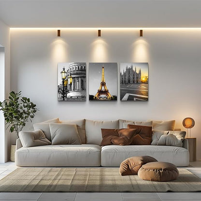 Black and white Architectural landscape Canvas Wall Art for Living Room kitchen Wall Artworks Bedroom Decoration, 3 Piece framed bathroom Home Wall decor posters Yellow Eiffel Tower wall painting