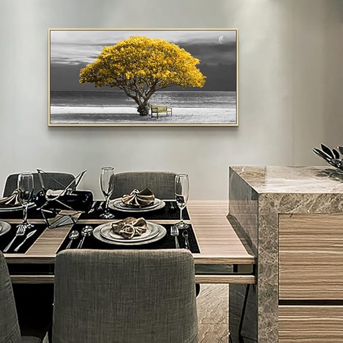 Framed Canvas Wall Art For Living Room Large Wall Decor For Bedroom Black And White Wall Painting Office Decoration Boho Home Decor Yellow Trees Scenery Pictures Artwork Natural Wood Framed