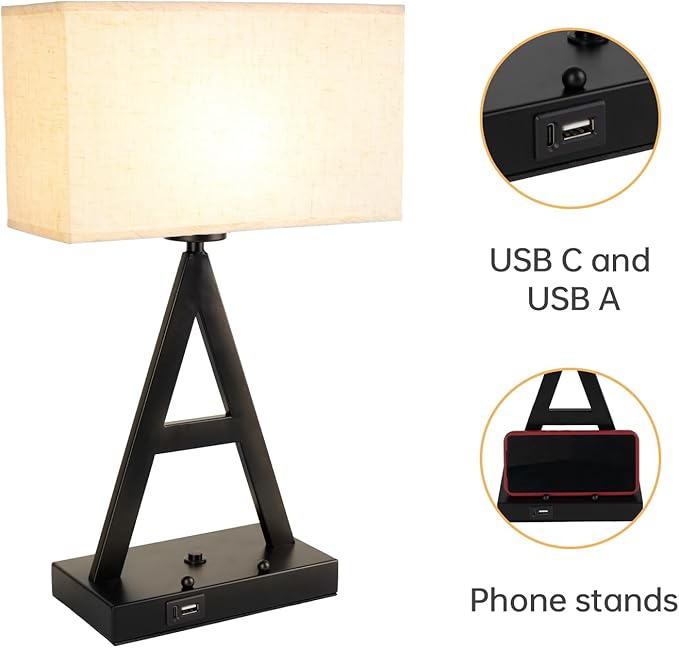 Button Control Table Lamp, Black A-Shape: 3-Way Dimmable Desk Lamp with USB C & USB A Ports, Fabric Shade Bedside Lamp with Phone Stand for Office, Bedroom, Living Room, Includes LED Bulb
