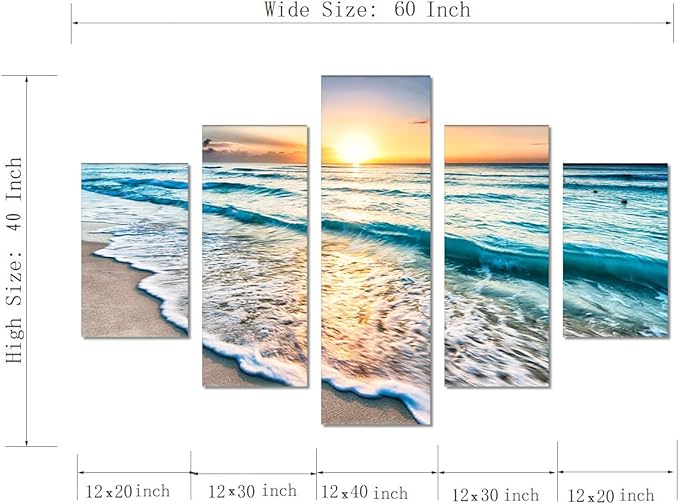 Beautiful Landscape Sunset Beach Ocean Seascape Modern Pictures Painting on Canvas 5 Panels Combination Set Enlarge for Wall Art Living Room Home Decor Framed Stretched (60''W x 40''H)