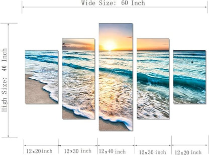 Beautiful Landscape Sunset Beach Ocean Seascape Modern Pictures Painting on Canvas 5 Panels Combination Set Enlarge for Wall Art Living Room Home Decor Framed Stretched (60''W x 40''H)