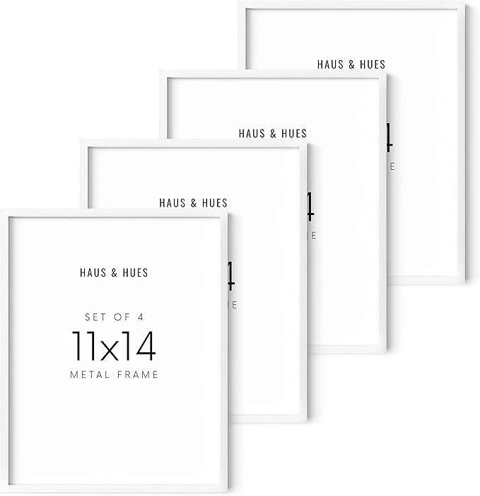 HAUS AND HUES 11x14 White Aluminum Frame Set of 4 - Gallery Wall Display Pack, Shatterproof Plexiglass (White Aluminum Frames)