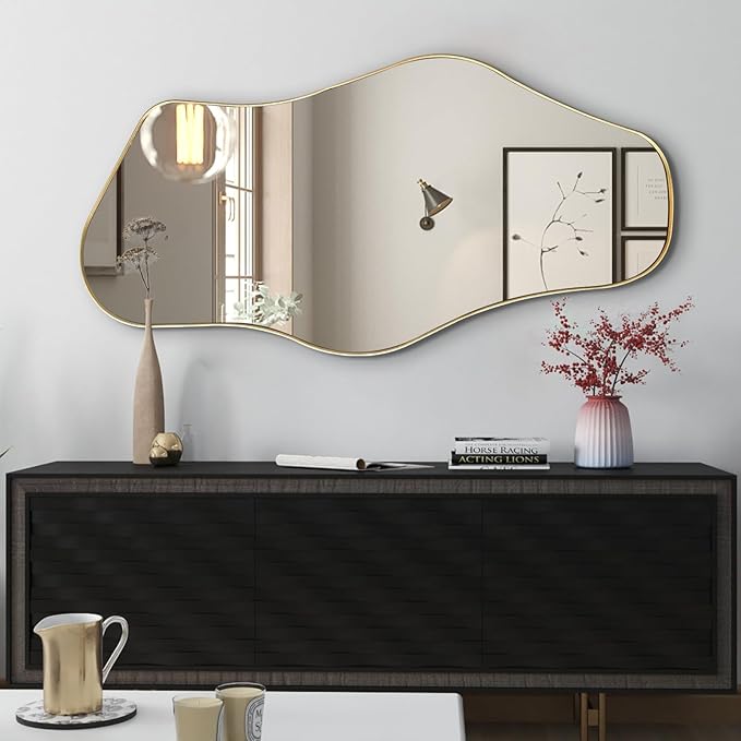Irregular Wall Mirror, 47.2"x21.5" Asymmetrical Mirror with Gold Metal Frame, Organic Shaped Mirrors for Living Room Bedroom Hallway Entryway Fireplace, Hangs Vertically or Horizontally