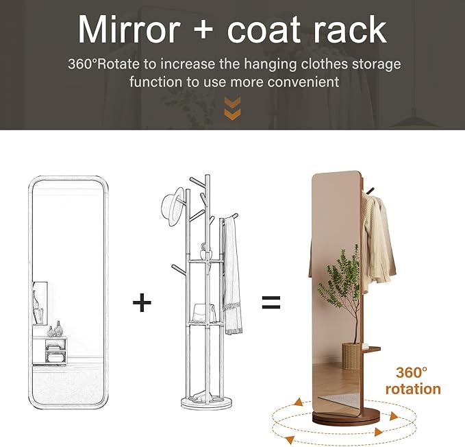 WoodsWhisper Full Length Mirror Coat Rack Solid Wood Floor Mirror 66"x12" Full Length Mirror with Stand Long Mirrors for Bedroom,Living Room (Deep Walnut, 70" L x 16" W)