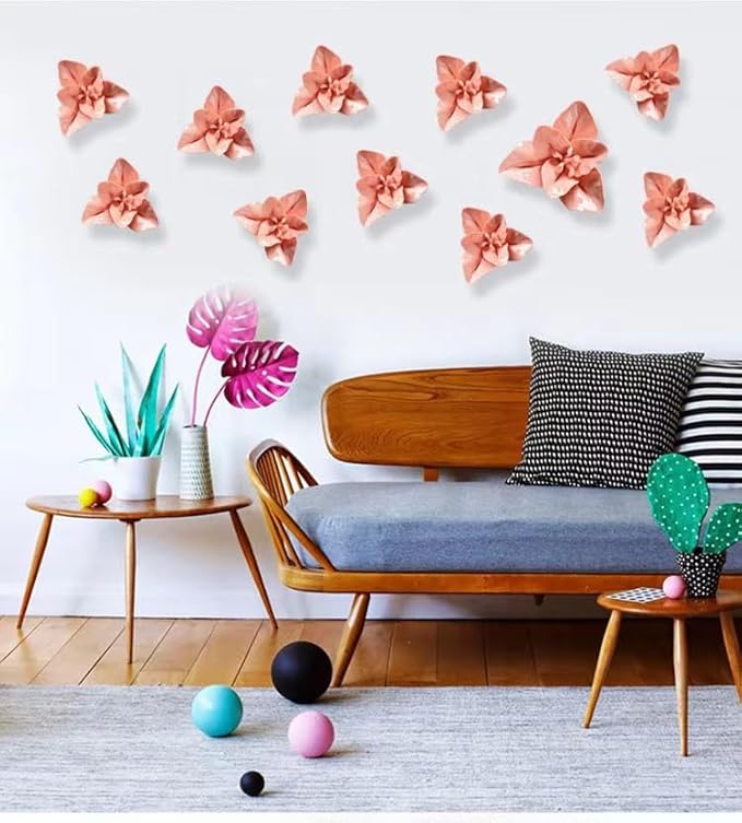 AMERRY 3D Wall Art Hanging Sculpture, Artificial Porcelain Flower Decor for Home Office (Orange Pink, Lily, 2.36")