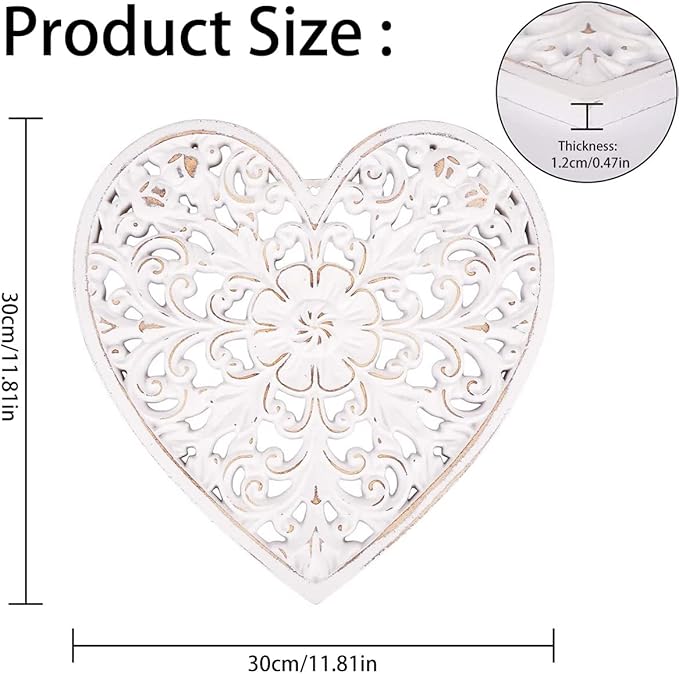 HOTBEST Wooden Wall Decor Floral Hollow Carved Wall Panel Hanging Decor Rustic Art Sculpture Home Ornament for Hallway Bedroom Living Room Cafe Office (Heart Shape 30 * 30cm)
