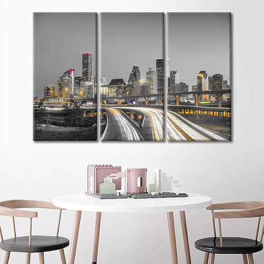 TUMOVO American Cityscape Wall Decor 3 Piece Houston Nighttime Lightscape Art Prints Wall Decor Living Room Beautiful Skyscrapers Skyline House Decor Framed Ready to Hang (36" Wx24 H)