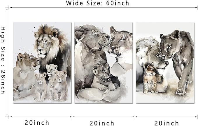 Lion Canvas Wall Art Decor 3 Pieces Wild Animal Portrait Painting Prints on Canvas Watercolor Style Lion Pictures Decor Artwork Living Room Bedroom Office Decor, Framed 20" x 28" x 3pcs