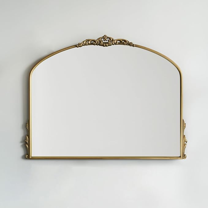 Vintage Gold Wall Mirror - 40x30 Inch, Baroque Arched Design, Ornate Crown Metal Frame, Distressed Gold Finish, Large Antique Decorative Mirror for Fireplace Mantle, Living Room, Bathroom, Entryway