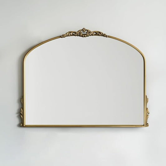 Vintage Gold Wall Mirror - 40x30 Inch, Baroque Arched Design, Ornate Crown Metal Frame, Distressed Gold Finish, Large Antique Decorative Mirror for Fireplace Mantle, Living Room, Bathroom, Entryway