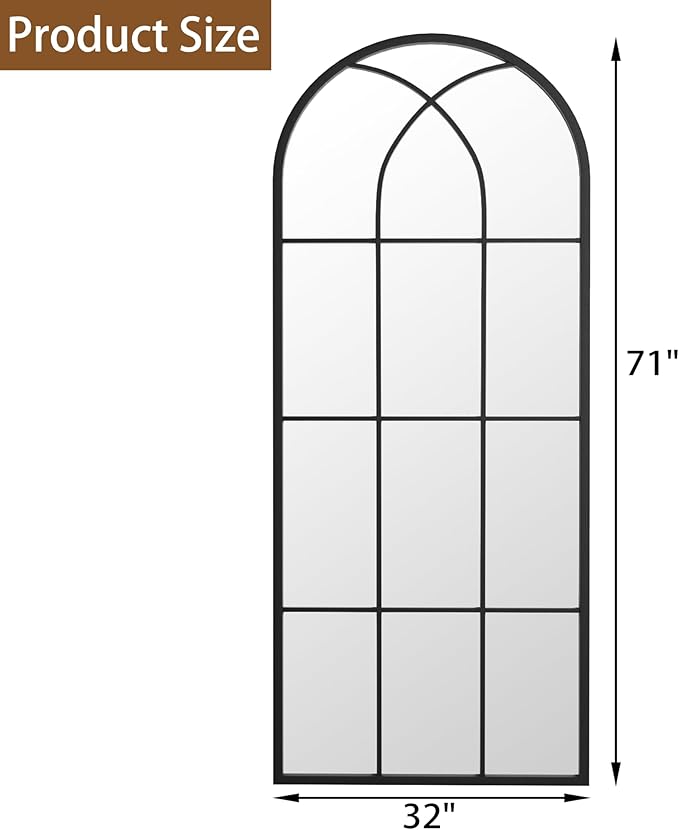 Mirror Full Length, 71"x32" Large Arched Mirror, Black Full Body Window Pane Mirrors, Oversize Farmhouse Standing Wall Mirrors Hanging or Leaning for Living Room, Entryway, No Stand