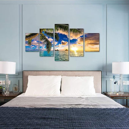 Beach Wall Art Modern Seascape Wall Pictures Sunrise Poster Ocean Artwork Ocean Pictures HD Print on Canvas Modern Home Office Decor for Living Room Bedroom Bathroom Wall Decoration Framed Ready to Hang - 60''W x 32''H
