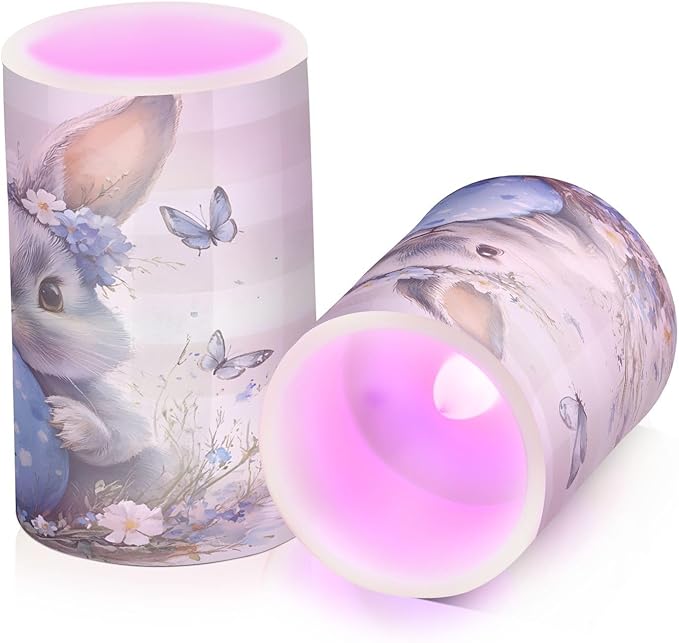 ALAZA Cute Eater Rabbit Bunny Flower Flickering Flameless Candles Battery Operated with Remote Timer,Tea Light Candles LED Pillar Votive Candles Set of 2 for Outdoor Indoor Decorations
