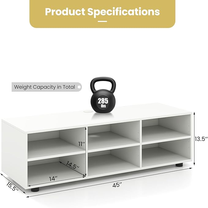 Tangkula White TV Stand for TV up to 55 Inch, TV Console Table with 6 Cubbies, 5 Positions Adjustable Shelves, Wood Media Entertainment Center for Living Room (Modern, 45", TVs up to 55")