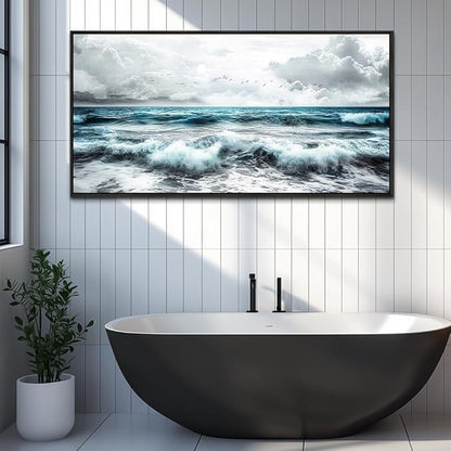 ERQINHUA Black And White Beach Wall Painting Large Canvas Wall Art For Living Room Wall Decor For Bedroom Office Wall Decor Blue Sea Wave Pictures Artwork Hotel Home Decor Black Framed 30x60 In