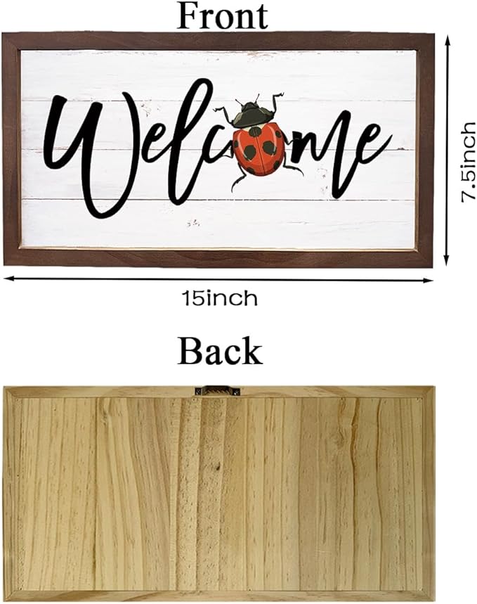 Ladybug Welcome Decor, Front Door Porch Signs, Welcome Decoration for Wall, Farmhouse Home Decors for Indoor Outdoor, Garden Yard Decors, Wooden Framed Wall Plaque 15×7.5×0.3 inches
