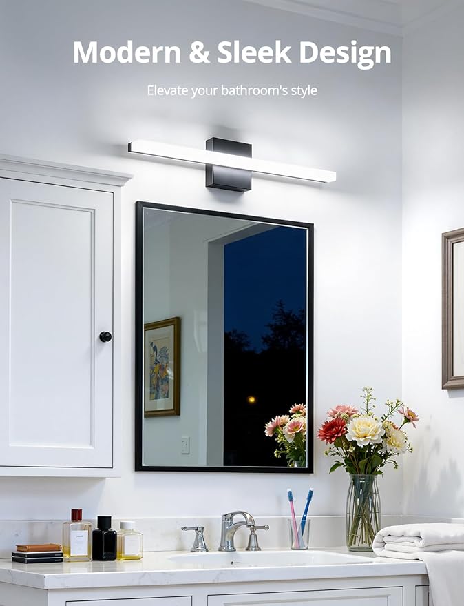 Combuh LED Bathroom Light Fixtures Over Mirror 24 Inch 14W, Black Vanity Lights Bar for Bathroom, Modern IP44 Wall Sconce Cool White 6000K