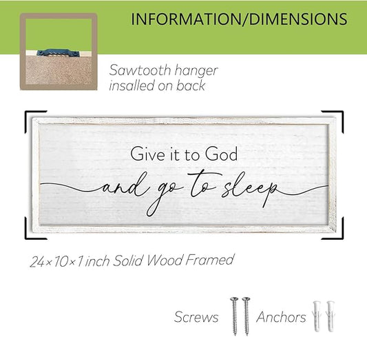 TQianJiang Give It To God And Go To Sleep Wall Decor Sign 24"X10" for Master Bedroom Above Bed Large Wood Framed Wall Art Hanging (White)