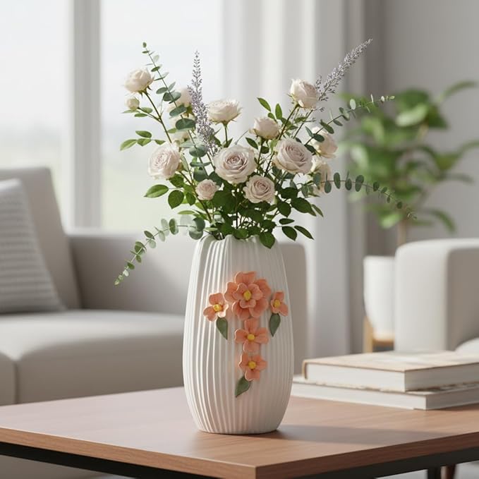 9 Inch White Flower Vase for Table, Modern Boho Ceramic Vases Home Decor, 3D Floral Textured Vase for Pampas Grass, Kitchen, Table, Bathroom, Fireplace Decor