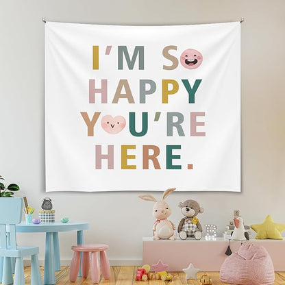 Soft Flannel Wall Tapestry – I'M So Happy You're Here,Inspirational Welcome Tapestry Wall Hanging Decor for Living Room Bedroom,Birthday Party Wall Art Decoration, 59x51 inch(Colorful-I am so happy)