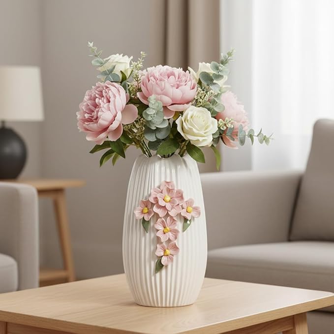 Ceramic Flower Vase - 9 Inch White Modern Vase for Pampas Grass, 3D Floral Vase for Living Room, Kitchen, Easter Table, Dining Room, Table Decor