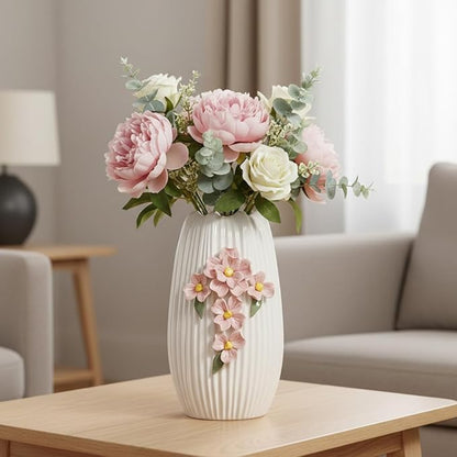 Ceramic Flower Vase - 9 Inch White Modern Vase for Pampas Grass, 3D Floral Vase for Living Room, Kitchen, Easter Table, Dining Room, Table Decor