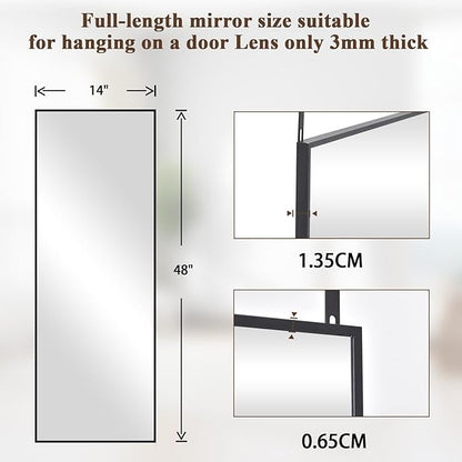 VooBang 14" x 48" Adjustable Height Over The Door Mirror - Rectangular Full Length Hanging Door Mirror with Shatterproof Tempered Glass Black Metal Frame for Dormitory