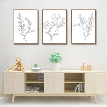 KISSFOX 3 Piece Framed Wall Art Botanical Wall Decor Floral Pictures Wildflower Canvas Art Black White Line Paintings Minimalist Boho Artwork For Bedroom Living Room Bathroom