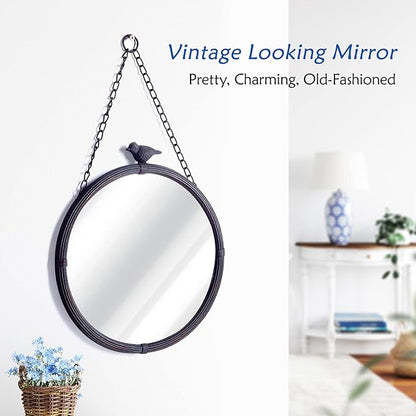 NIKKY HOME 11.2" Decorative Small Hanging Mirrors Vintage Rustic Round Metal Framed Wall Mounted Mirror Decor with Bird for Bathroom Living Room Office, Antiqued Black