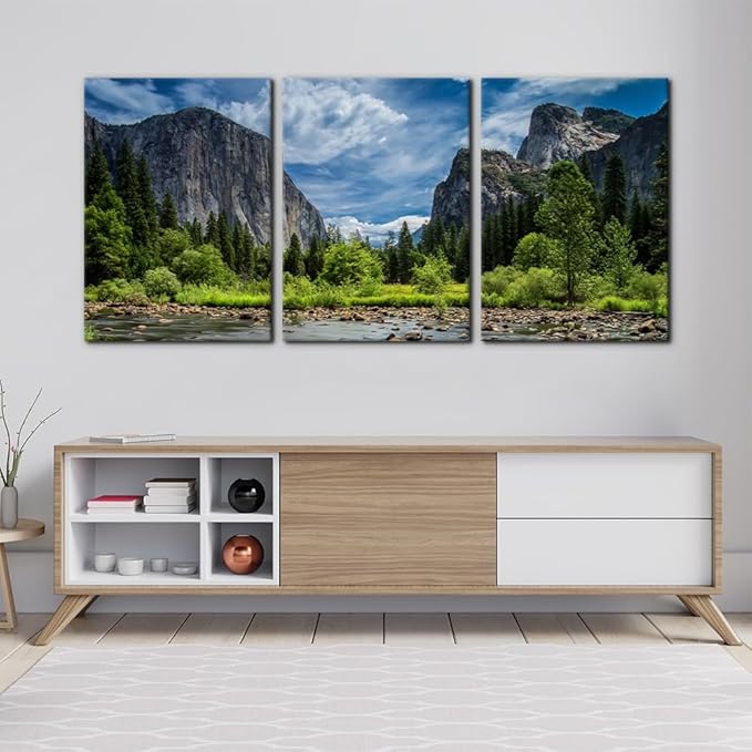 Pacimo 3 Pieces Green Wall Art Painting Yosemite National Park Clear Water Lake Mountain Trees Rocks Pictures Prints On Canvas Landscape Wall Decor for Home Modern Decoration Print - 20"x28"x3 Panel