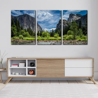 Pacimo 3 Pieces Green Wall Art Painting Yosemite National Park Clear Water Lake Mountain Trees Rocks Pictures Prints On Canvas Landscape Wall Decor for Home Modern Decoration Print - 20"x28"x3 Panel