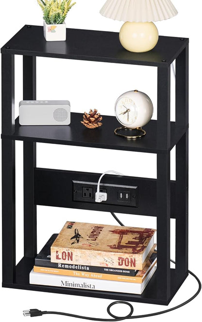YUFAM 3-Tier Small Narrow Wood Side Table with Charging Station, Skinny Nightstand for Small Space, Slim Bedside Table with Storage for Couch, Thin End Table with USB Ports and Outlets, Black