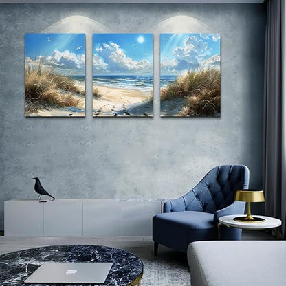 TTHYUEWS Canvas Wall Art For Bedroom & Living Room Modern Decorations Blue Ocean Beach Wall Paintings Sea Wave Wall Pictures Artwork for Office Ready To Hang Home Decor 3 Piece