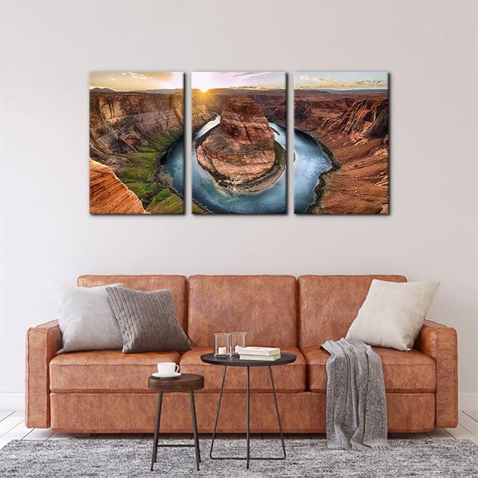 Pacimo 3 Piece Canvas Wall Art - Sunset Moment at Horseshoe Bend Colorado River Grand Canyon National Park Arizona Landscape Modern Home Art Decor Stretched and Framed Ready to Hang - 16"x24"x3 Panel