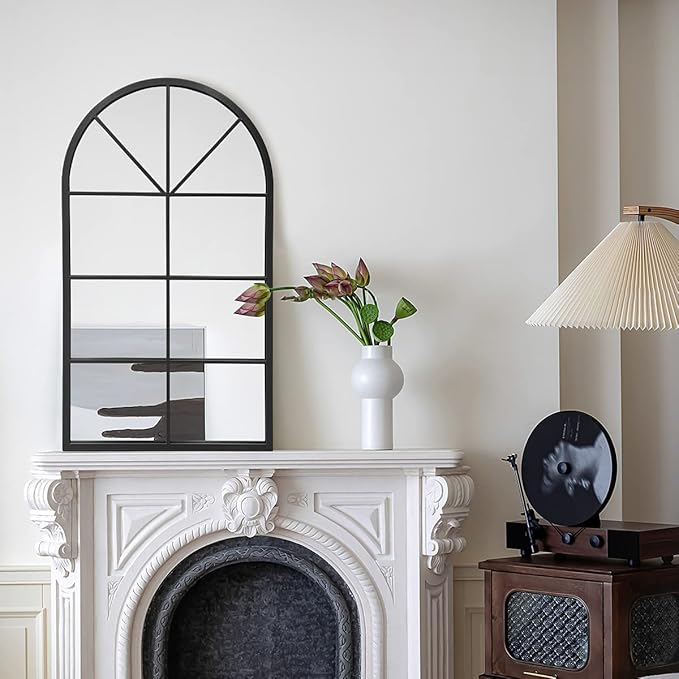 42"x 24" Arched Mirror, Window Wall Mirror, Vanity Mirrors, Metal Framed, Arched-Top Farmhouse Mirrors, Rustic Decorative Mirror (Black)