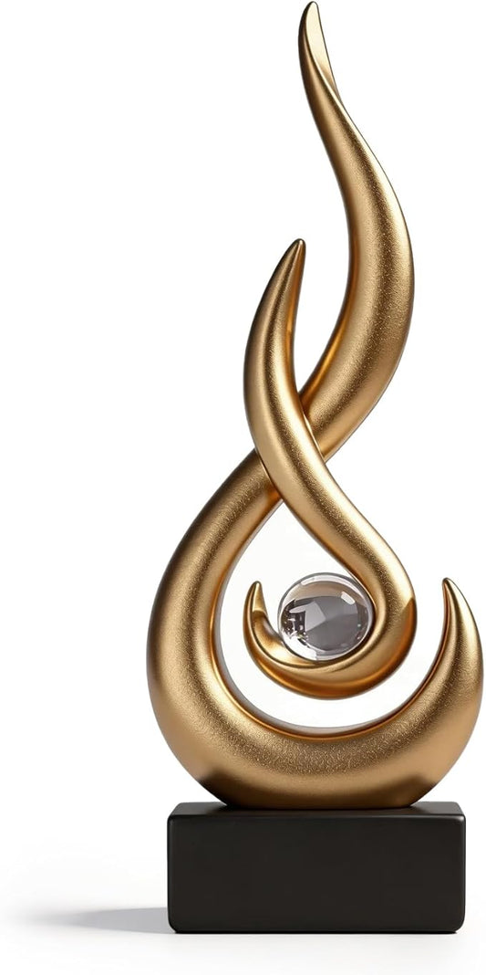 Abstract Golden Flame Art Deco Sculpture - Luxury Living Room Decor with Crystal Ball, Modern Resin Ornament for Home Office