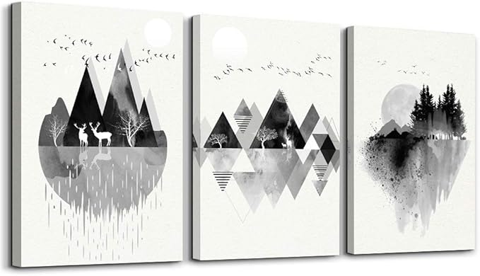hyidecorart Canvas Wall Art For Living Room Large Wall Decor For Bedroom Office Decoration Black And White Abstract Wall Painting Geometry Mountain Wall Pictures Artworks Room Home Decor 3 Piece