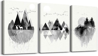 hyidecorart Canvas Wall Art For Living Room Large Wall Decor For Bedroom Office Decoration Black And White Abstract Wall Painting Geometry Mountain Wall Pictures Artworks Room Home Decor 3 Piece
