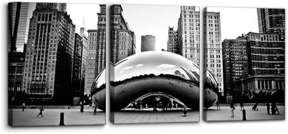 3 Pieces Black and White Wall Art - The Millennium Park in Downtown Chicago Photograph Picture Print on Canvas - Cloud Gate Canvas Wall Art for Modern Home Decor Ready to Hang - 12" x 16" x 3
