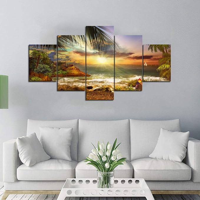 Scene of Sea Waves Palm Tree Landscape Picture Modern Painting on Canvas 5 Piece Framed Wall Art for Living Room Bedroom Kitchen Home Decor Stretched Canvas Wrap Giclee Print (60’’W x 32’’H)