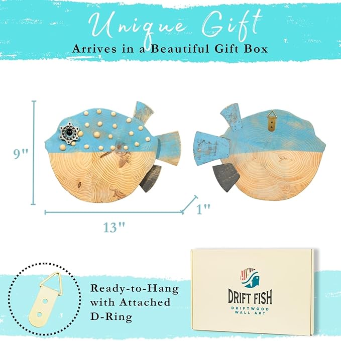 Driftwood Fish Nautical Wall Decor - Handmade Wooden Rustic Coastal Wall Art for Living Room, Bedroom, Office, Bathroom - Ocean Beach Decoration (Bubba)